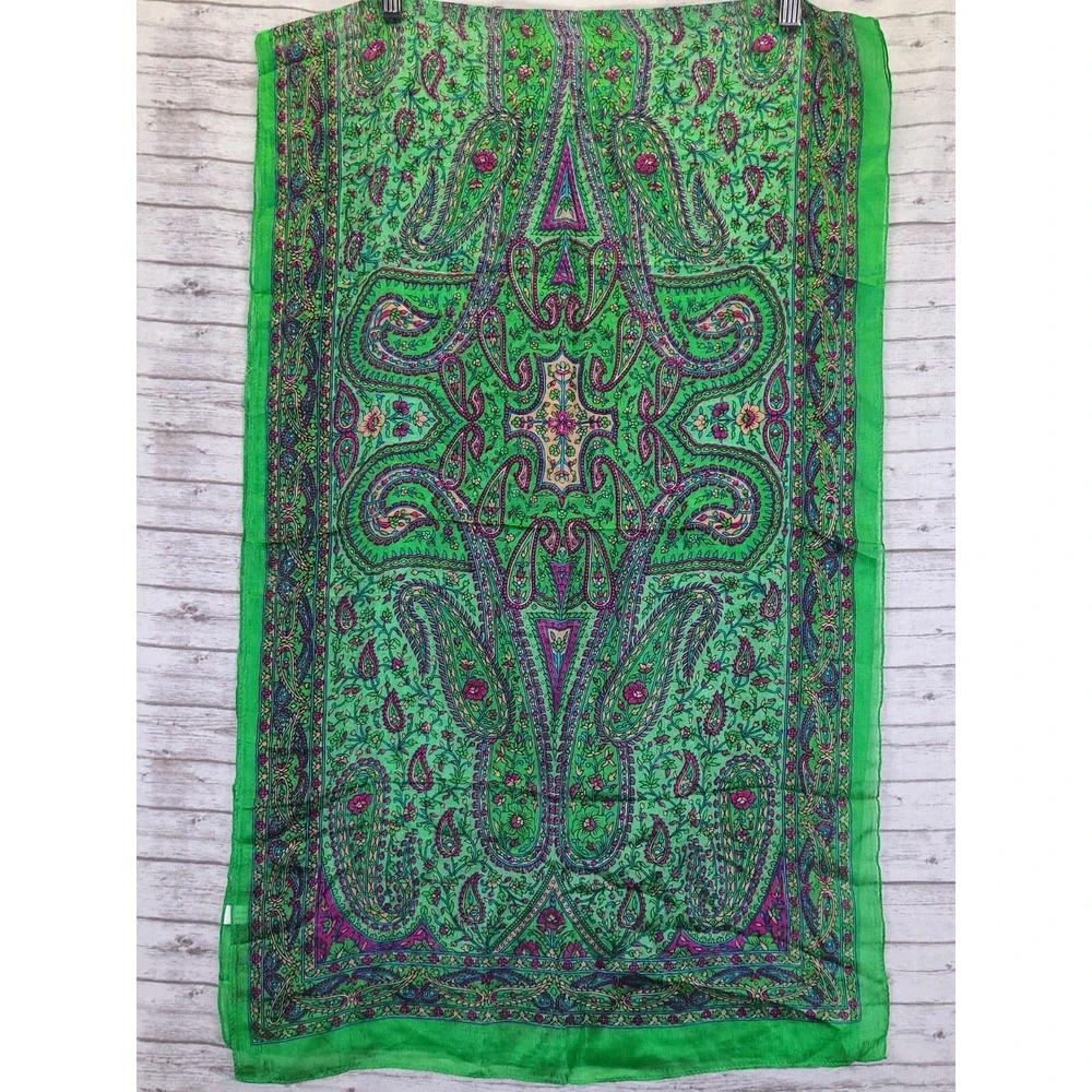 Vintage Pure Silk Paisley Scarf Green Pink Floral Rectangle Made in India 31x18